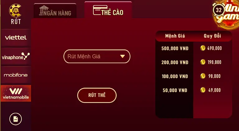 Rút tiền Manclub thông qua thẻ cào điện thoại